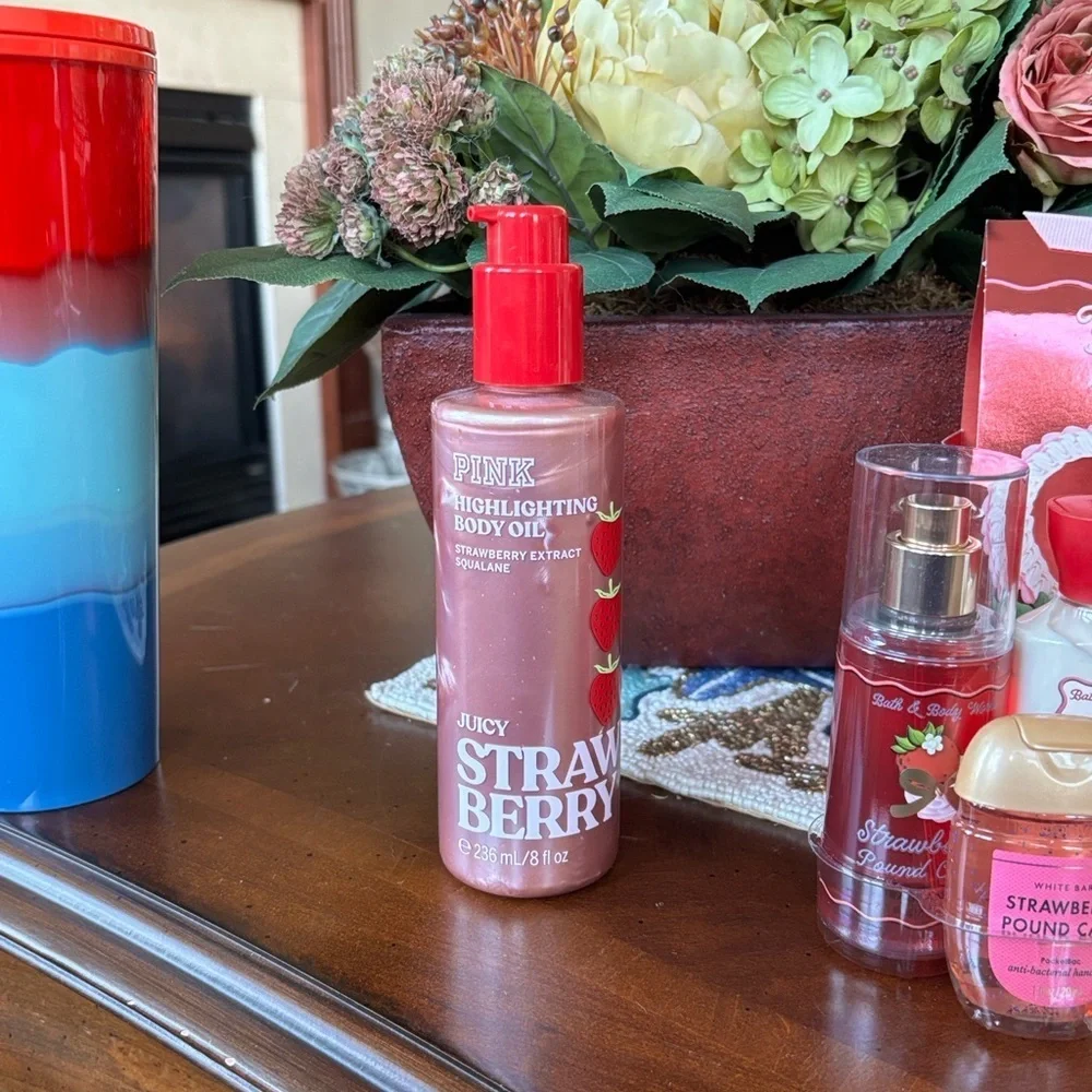 Brand New Starbucks Tumbler Cup Strawberry Bath & Body Works Set PINK Body Oil